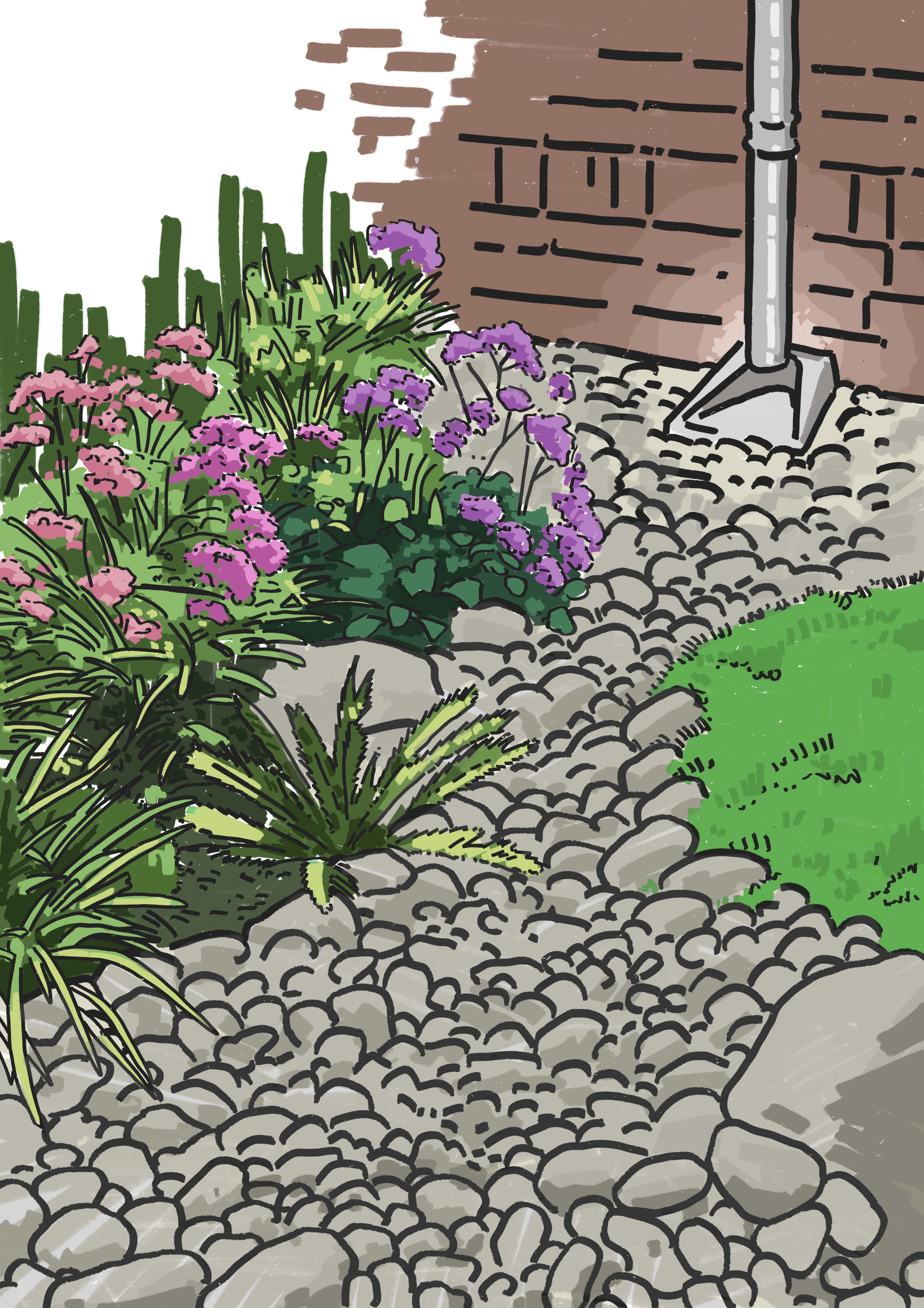 Illustratie van een afgekoppelde regenpijp die uitloopt op een groene tuin