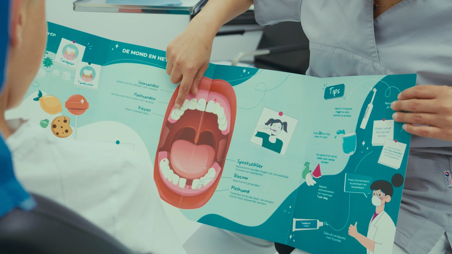 Mondhygiëniste in gesprek met kind. Ze wijst naar het gebit op het praatmodel.